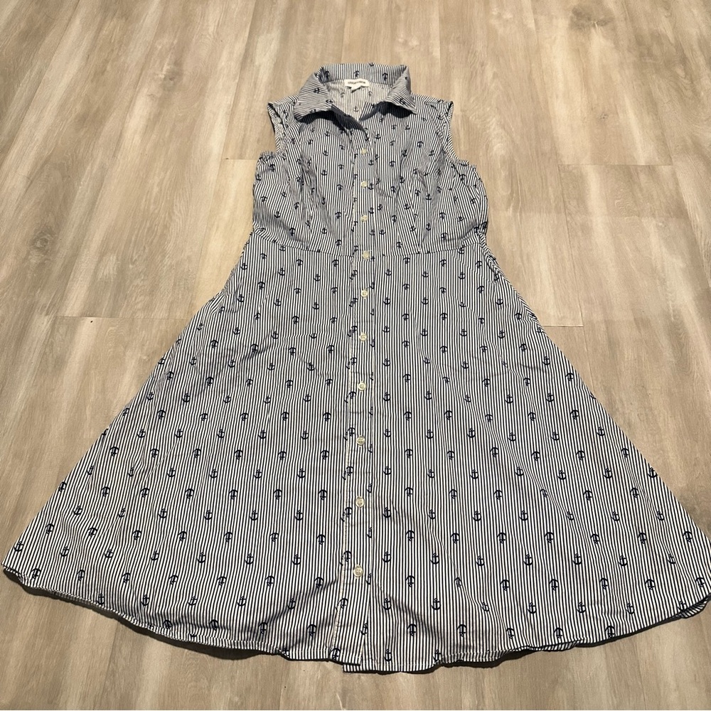 Chloe + Rene Blue White Anchor Print Striped Sleeveless Shirt Dress Sz S